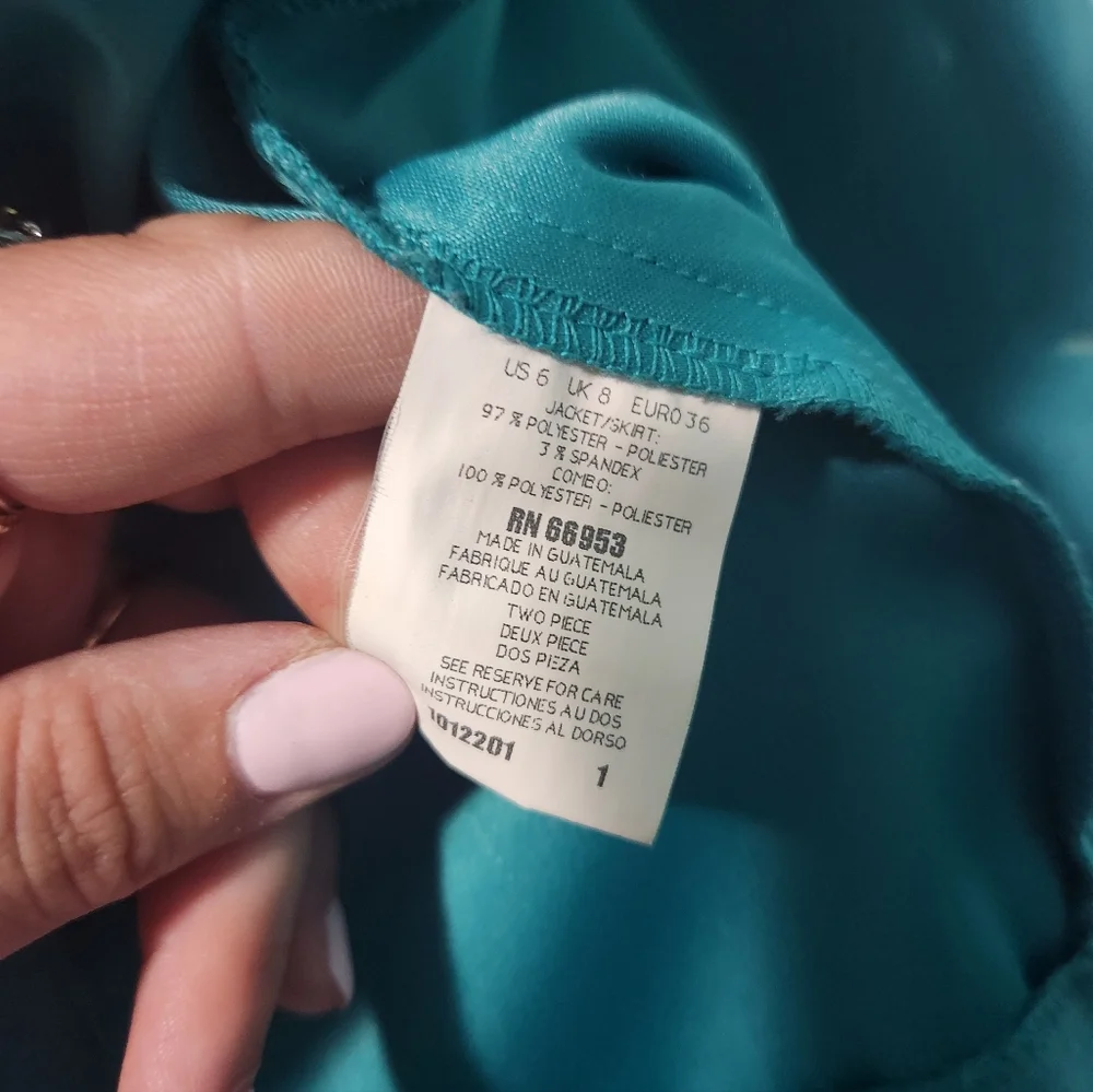 Vintage Leslie Fay Turquoise Velvet Skirt Suit Jacket Set W Gold Buttons Size 6P